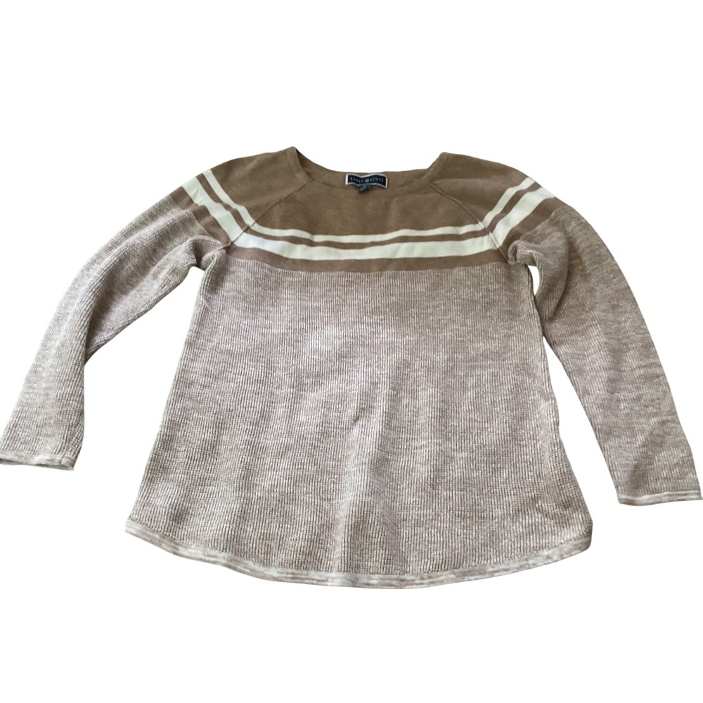 Karen Scott Womens Tan White Striped Waffle Knit Raglan Sweater Size M